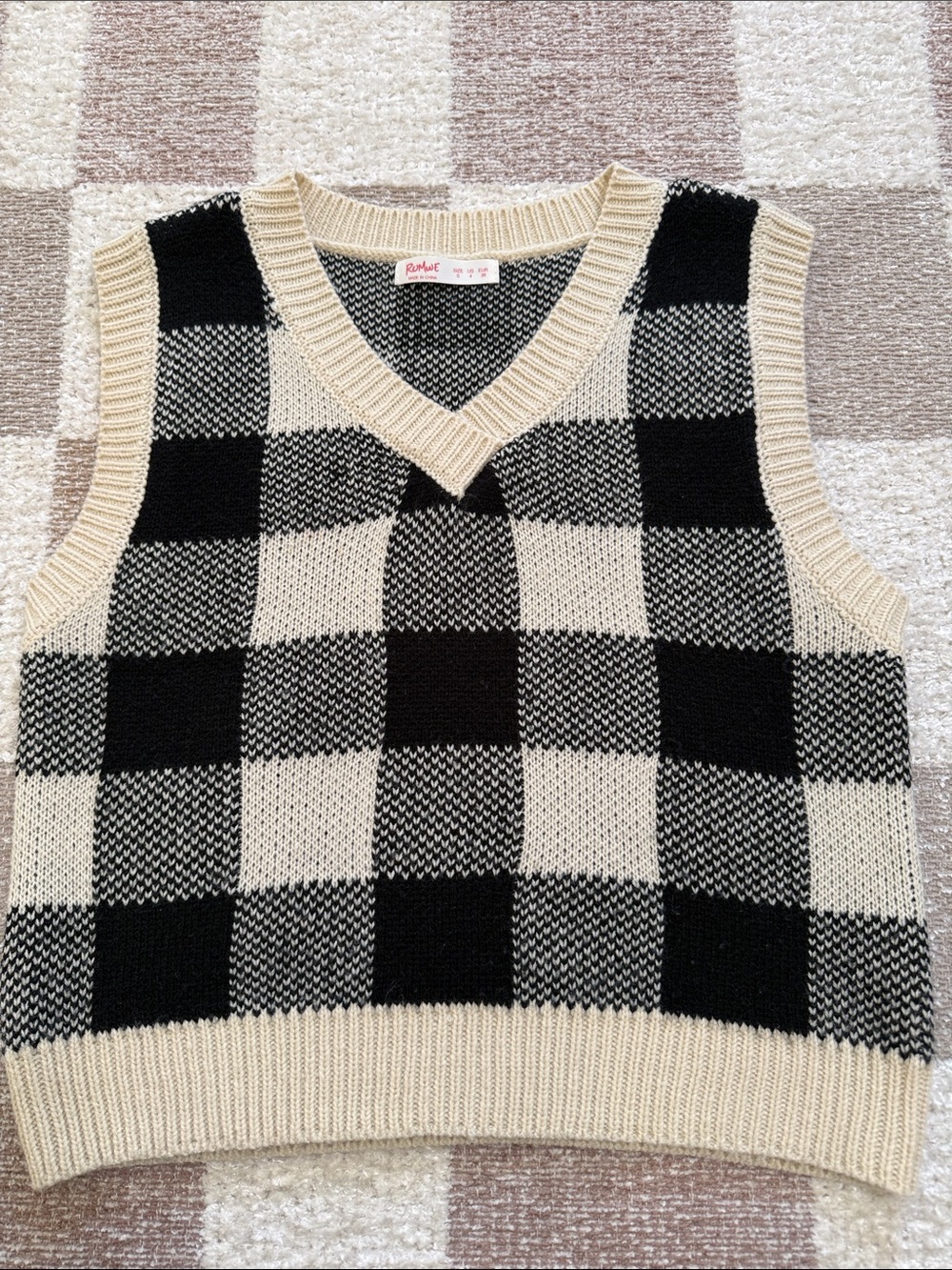 Women's Black & Cream Check Knit V-Neck Sweater Vest